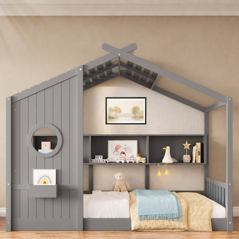 Lit sur pied avec tablettes de rangement, Gris, Lit simple