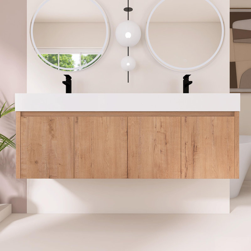 Meuble-lavabo double 60 po avec plateau en résine, armoire de salle de bain murale avec 4 portes à fermeture douce