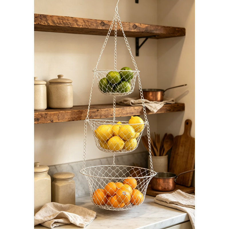 Panier de fruits suspendu à trois niveaux pour la cuisine, rangement en fil de fer rustique pour fruits et légumes, organisateur mural ou de plafond pour la maison et le garde-manger