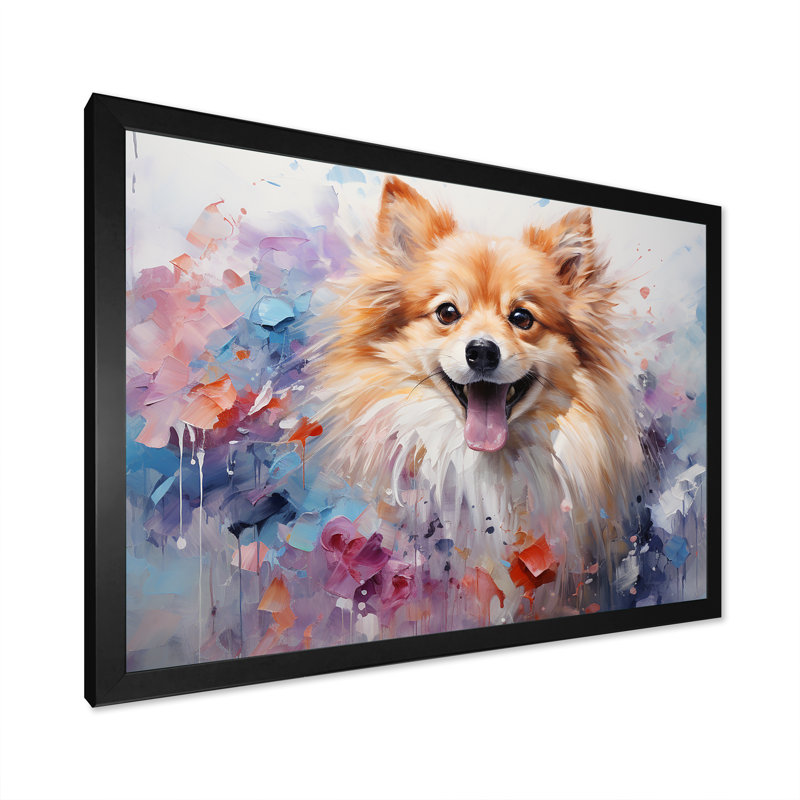Poméranien Poise sur toile, Cadre d'angle fermé noir, H 16 po x l 32 po x P 1 po