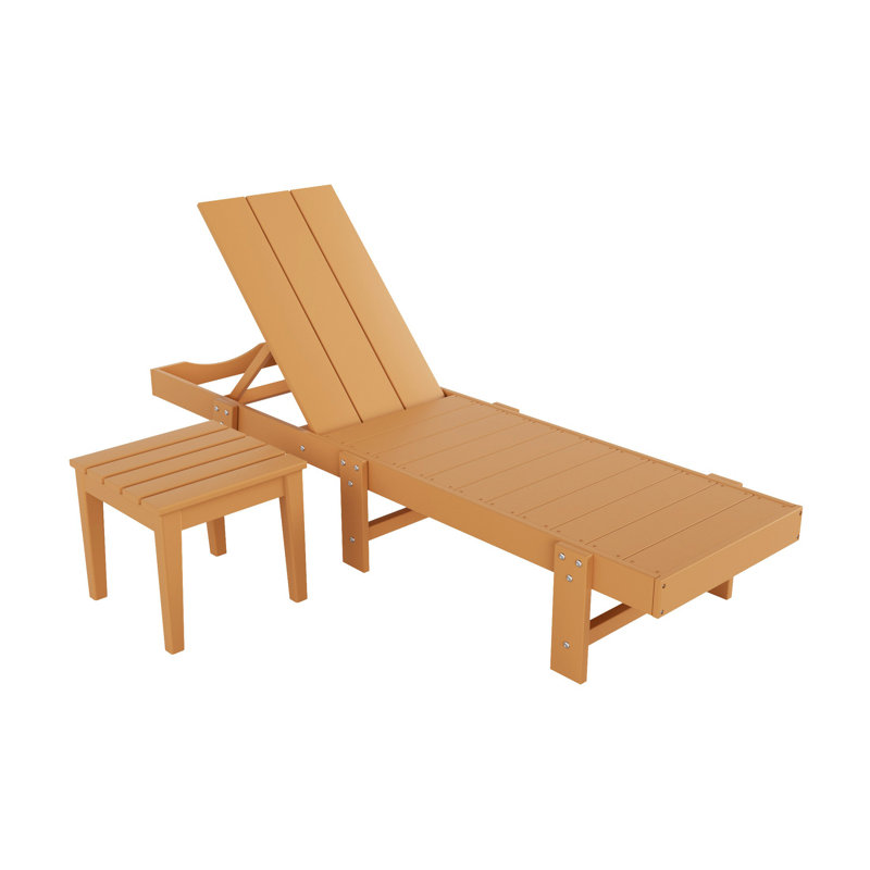 Joubert 77.6" Long Outdoor All-Weather Poly Reclining Single Chaise with Table, Teak