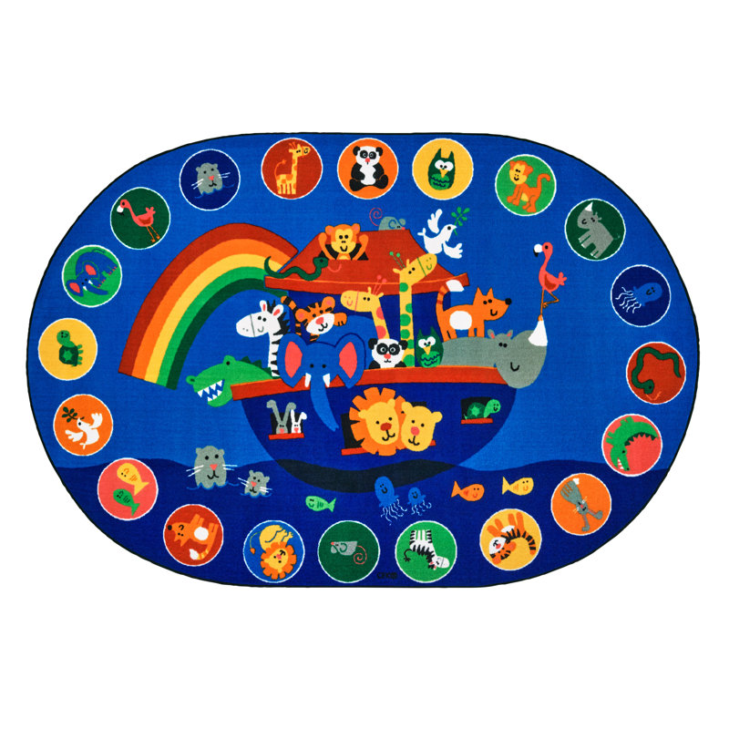 Noah's Voyage Literacy Animals Blue Tufted Area Rug, Oval 6' x 9'