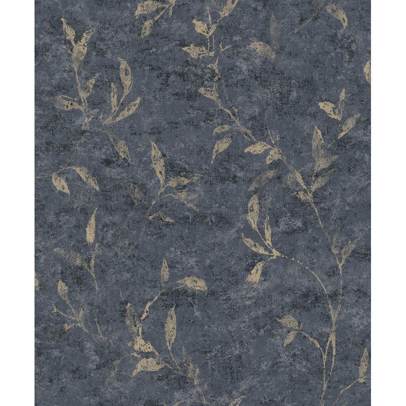 Elegance Collection Leaf Impression Metallic Finish Wallpaper Roll, Blue