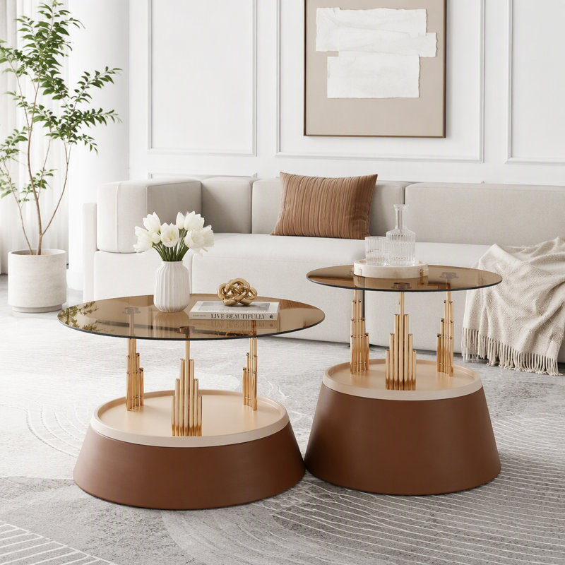 Ensemble de tables basses gigognes de luxe marron et or, Brown,Gold
