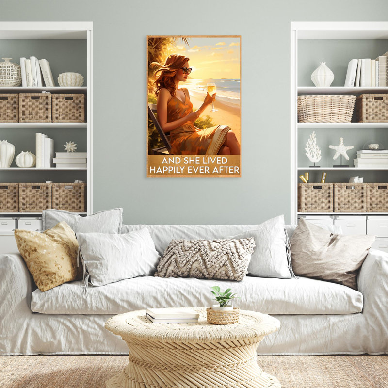 "Beach Wine And She Lived Happily" - 1 pièce, "Rectang Beach Wine And She Lived Happily" sur toile, impression