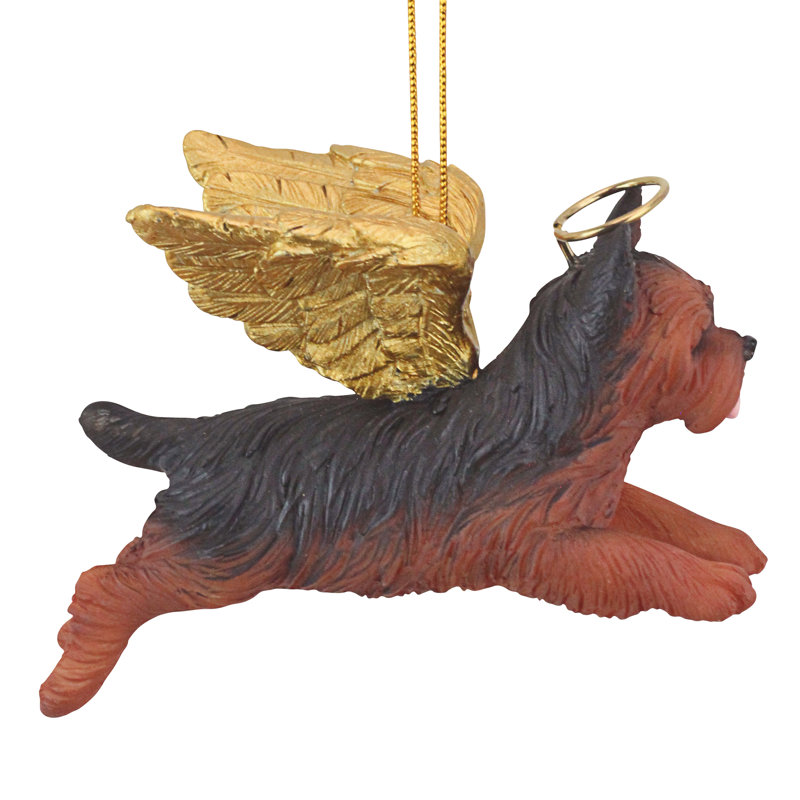 Yorkie Angel Ornament with Golden Wings in Resin