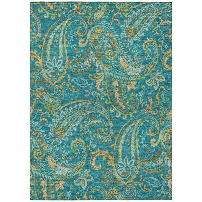Tapis extérieur antidérapant lavable 9 pi x 12 pi bleu sarcelle à motif cachemire