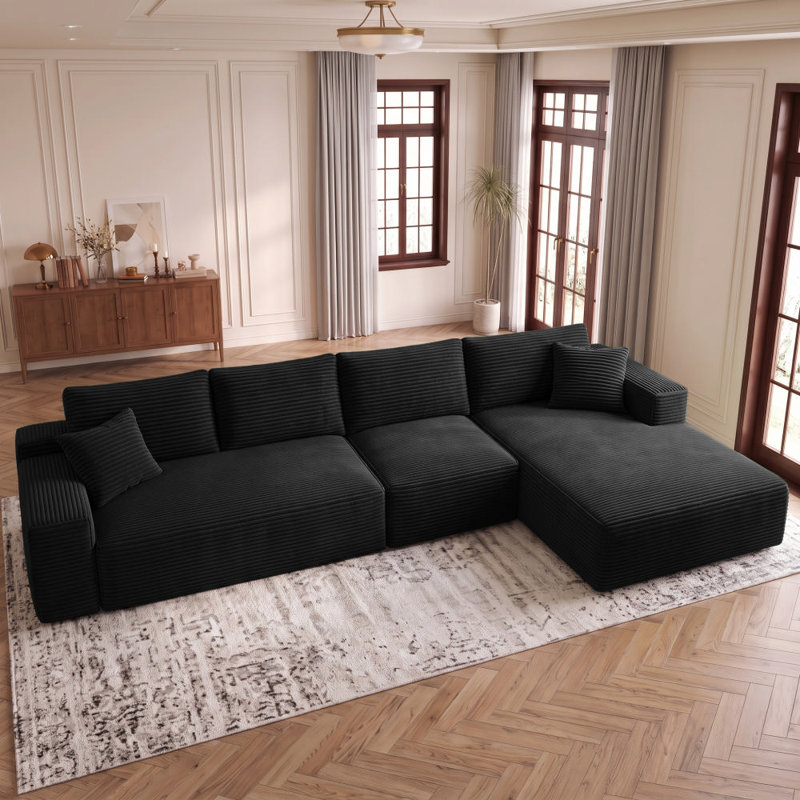 Canapé modulaire 135,4 po pour salon modulaire en L en velours côtelé rembourré à compression, Velours côtelé noir