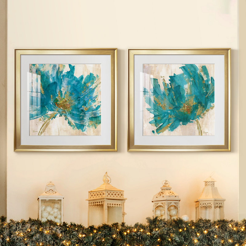 «Blue Infusion I», ensemble de 2 reproductions d'art encadrées, H 17,5 po x l 35 po x P 1,5 po, Papier encadré doré, Blanc
