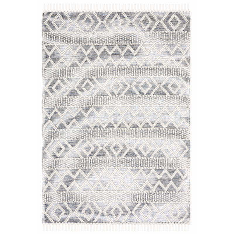 Peetz Hand Loomed Wool/Cotton Southwestern Rug in Blue/Ivory, Rectangle 4' x 6'