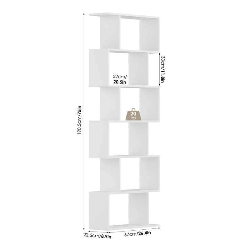Hermoth 75'' H X 27.6'' W Tall Geometric Bookcase,6-Tier Storage Shelf, Contemporary Display Shelf, White, 1