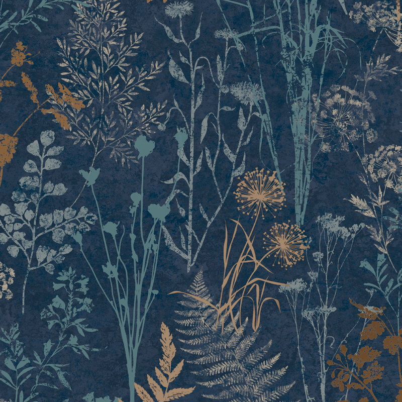 Zen Floral Metallic Wallpaper Double Roll, Navy/Copper