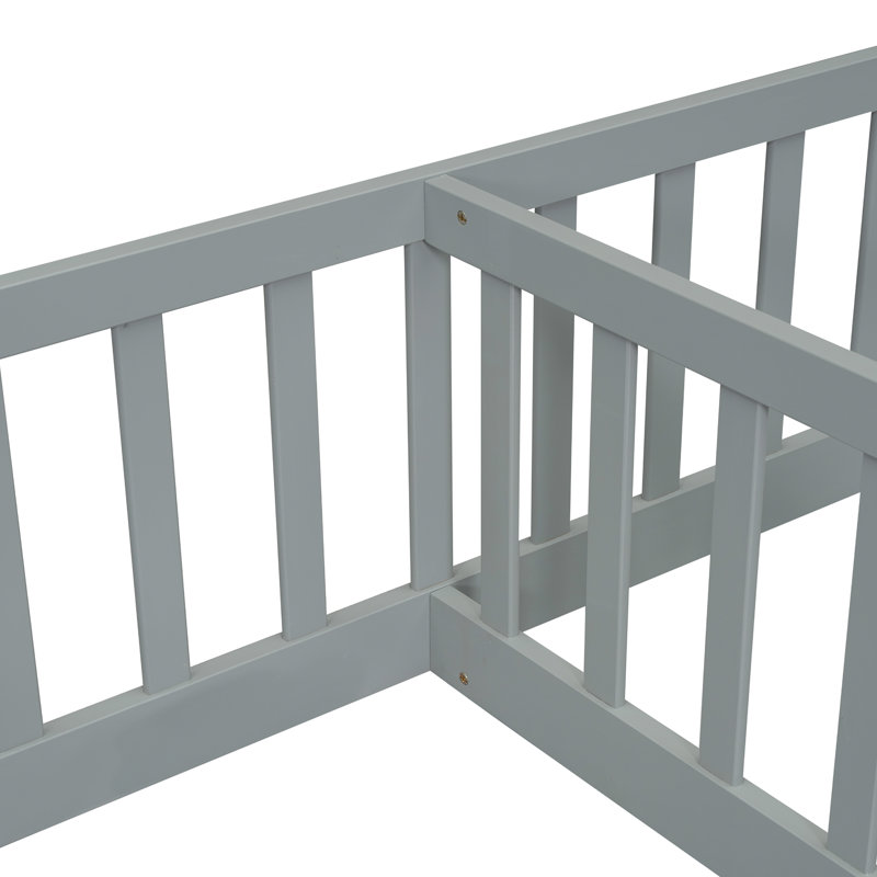 Jaquelinne Double Twin Floor Bed with Fence, Guardrails, Gray