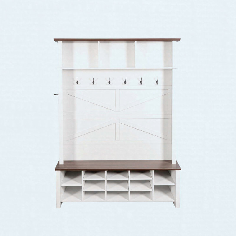 Farmhouse Hall Tree with 16 Cubbies, Storage Bench & 6 Hooks, White, White