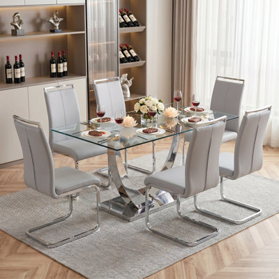 Seidel Modern 63" Rectangular Tempered Glass Dining Set with Faux Leather Cantilever Chairs