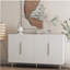 Buffet blanc moderne avec rangement, grand buffet avec bords ondulés et tablettes réglables, fauteuils, comptoir décoratif