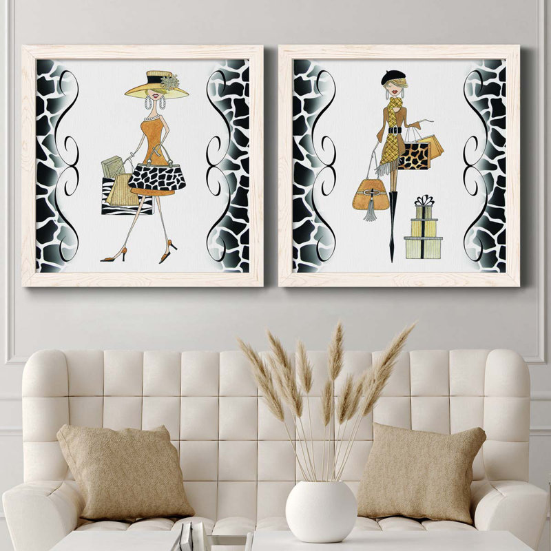 Swanky Shopper Gal - ensemble de 2 impressions encadrées sur toile, H 27,5 po x l 55 po x P 1,5 po, Cadre blanc
