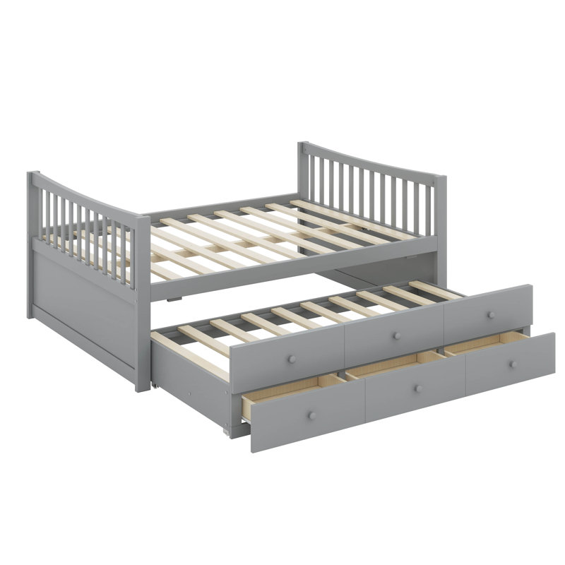 Lit de jour double avec lit gigogne simple et 3 tiroirs de rangement, gris