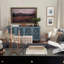 Buffet 60 pouces Boho, console multimédia avec 4 portes, tablettes et sculpture florale en bois bleu antique