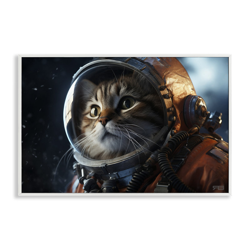 Astronaute, chat dans l'espace, estampe numérique par Roozbeh Bahramali, Giclée encadrée blanc bord de mer, H 12 po x l 18 po
