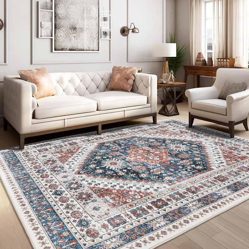 Medallion Non Slip Washable Rug(Red), Rectangle 8' x 10'