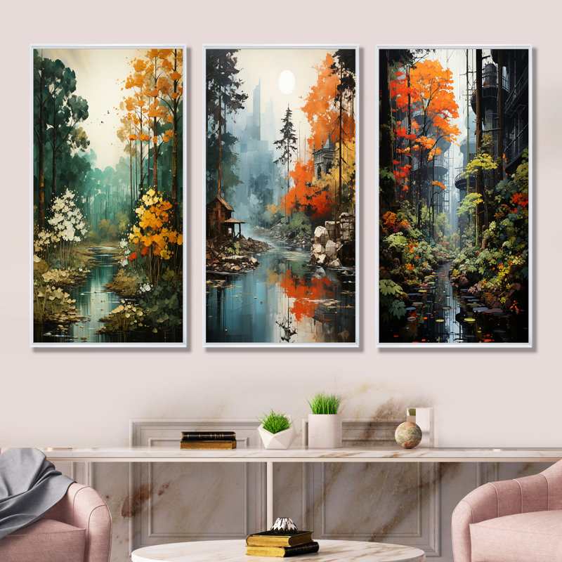 Haneesh - Ensemble de 3 impressions sur toile de forêt, H 28 po x l 36 po, Cadre flottant blanc