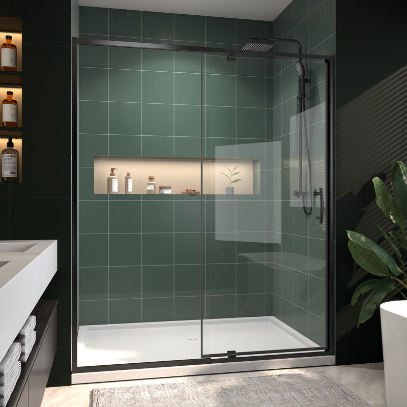 56"- 60" W x 71" H Single Sliding Semi-Frameless Shower Door, Matte Black