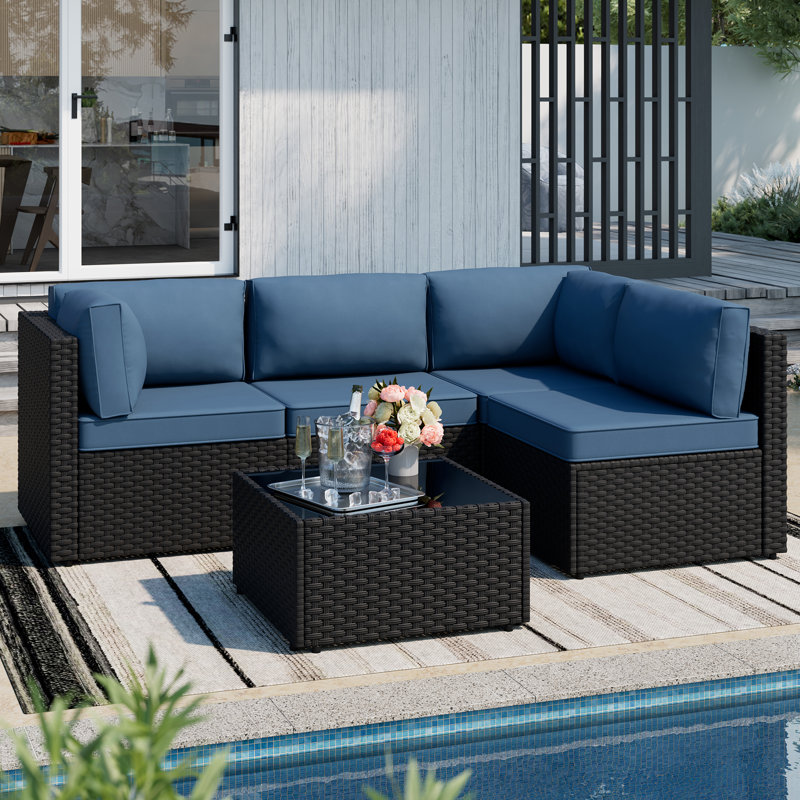 5-Piece Outdoor Patio Set with Cushions, Black, Navy
