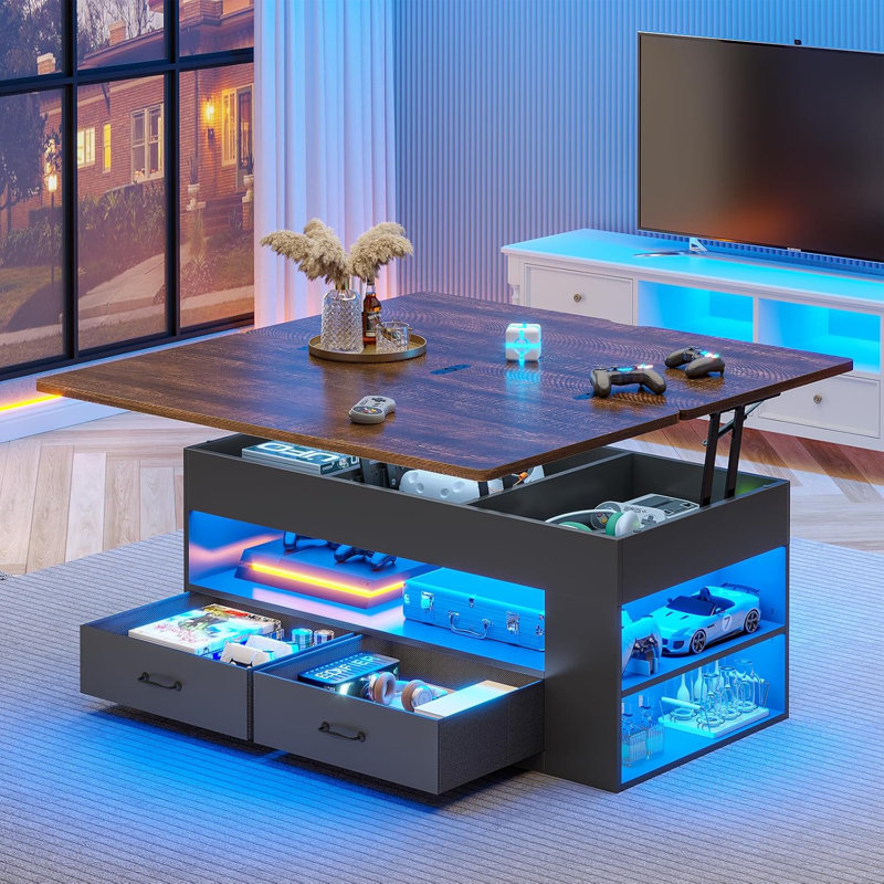 Lift Top Coffee Table, 4 In 1 Coffee Tables With Storage And Hidden Compartment, Farmhouse Coffee Table, Dark Brown, Black
