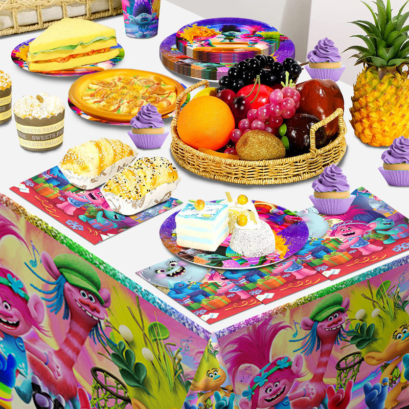 Trolls Party Supplies,114pcs Trolls Party Tableware Set