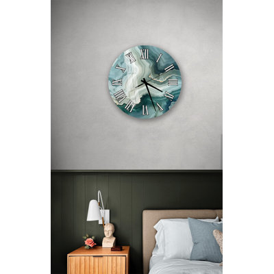 Horloge murale en verre trempé vert agate, décor art moderne marbre bleu sarcelle, montre abstraite de luxe, grand cadeau de pendaison de crémaillère salon