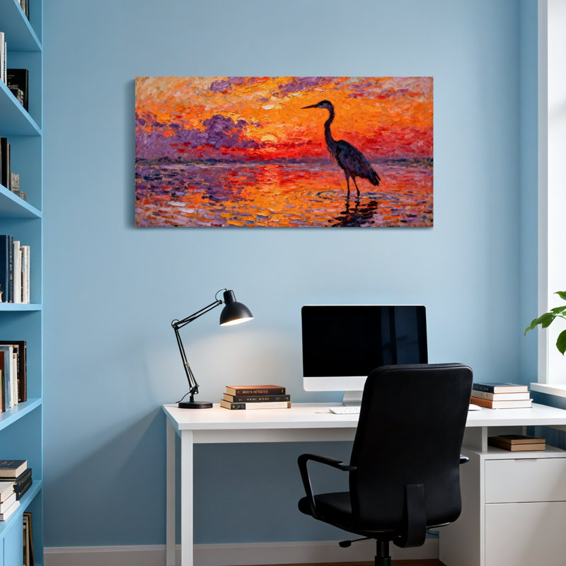 Animals Sunset Heron Water Reflection Art Canvas Print, 28" H x 58" W