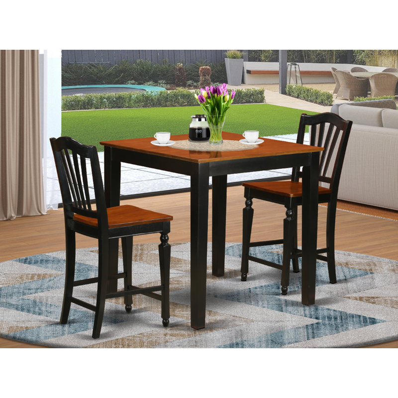 3 Piece Counter Height Pub Set for Small Spaces Contains a Square Kitchen Table and 2 Dining Room Chairs, Black & Cherry