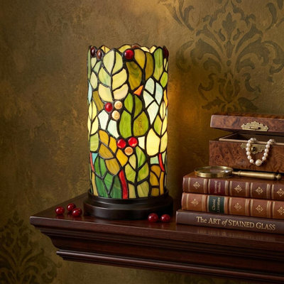 Lampe d'appoint en verre coloré 11 po Green and Red Leaves and Berries