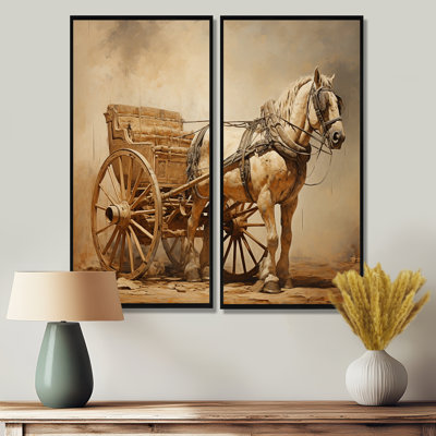 Minimalisme, vieille charrette américaine avec cheval - art mural beige