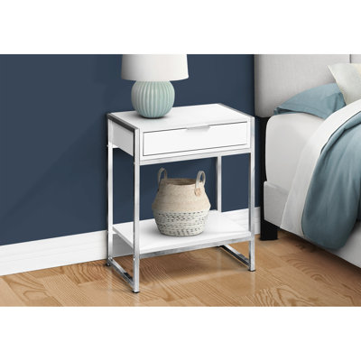 Table de bout compacte avec stratifié blanc brillant et métal, tablette ouverte avec tiroir de rangement pour le salon de la chambre à coucher, stratifié polyvalent rectangulaire, base en métal,