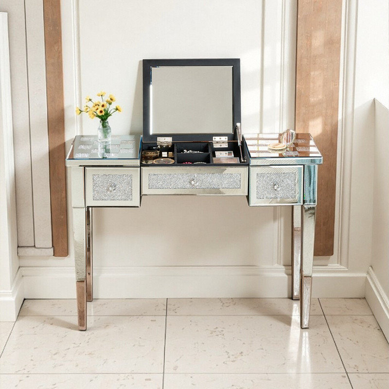 Table de coiffeuse à miroir 40 po avec incrustation de losanges, coiffeuse à miroir