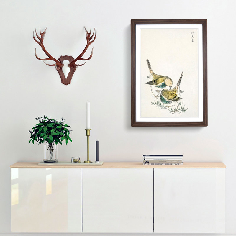 Japanese Great Tit Birds by Numata Kashu - Picture Frame Painting Print, 48cm H x 36cm W x 2cm D, Walnut Framed