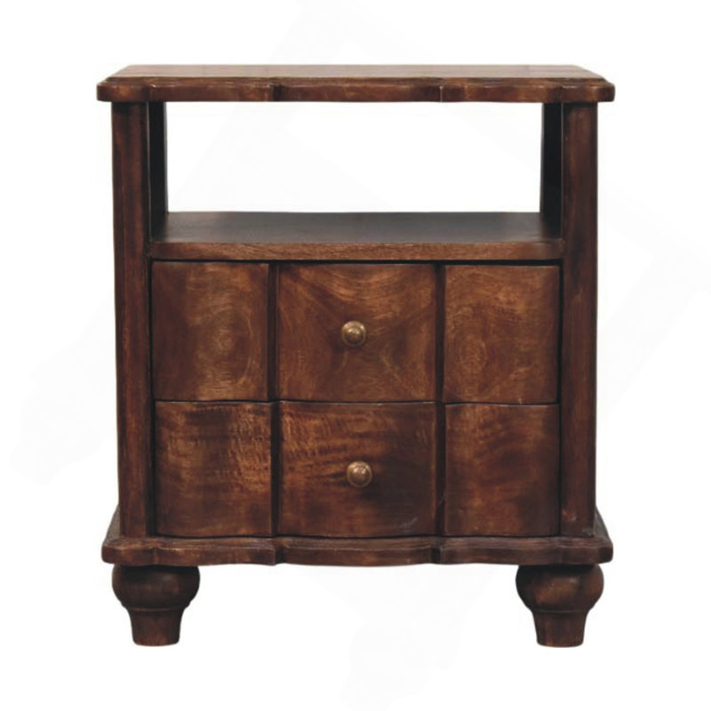 Table de chevet 2 tiroirs en bois avec tablette ouverte, brun