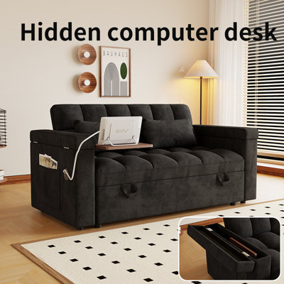 65-Inch 3-in-1 Foldable Velvet Sofa Bed with Storage Armrest and USB