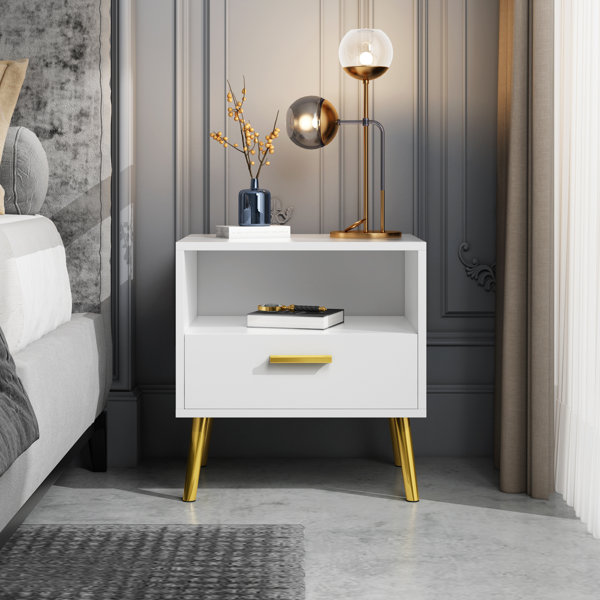 Bedside cabinet gold wire glass shelves with draw golden painted modern  table