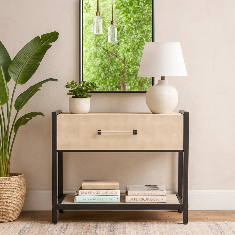Table d'appoint Caz, 1 tiroir, cadre noir, similicuir chagrin, 26 po