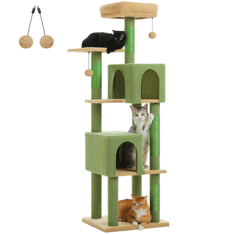 62" Multi-Level Cat Tower With 2 Spacious Condos, Scratching Pad, 4 Cat Scratching Posts, 2 Cat Perches, 2 Pompoms, Green