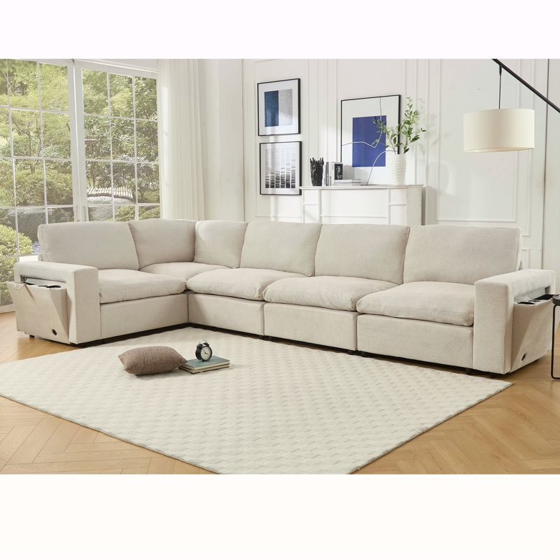 Canapé modulaire modulaire avec chargement sans fil, porte-gobelets et rangement de livres pour le salon, canapé en L à 5 places, tissu en lin doux, beige