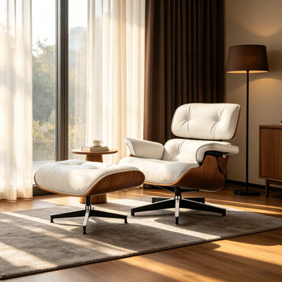 Fauteuil pivotant et repose-pieds en cuir fleur