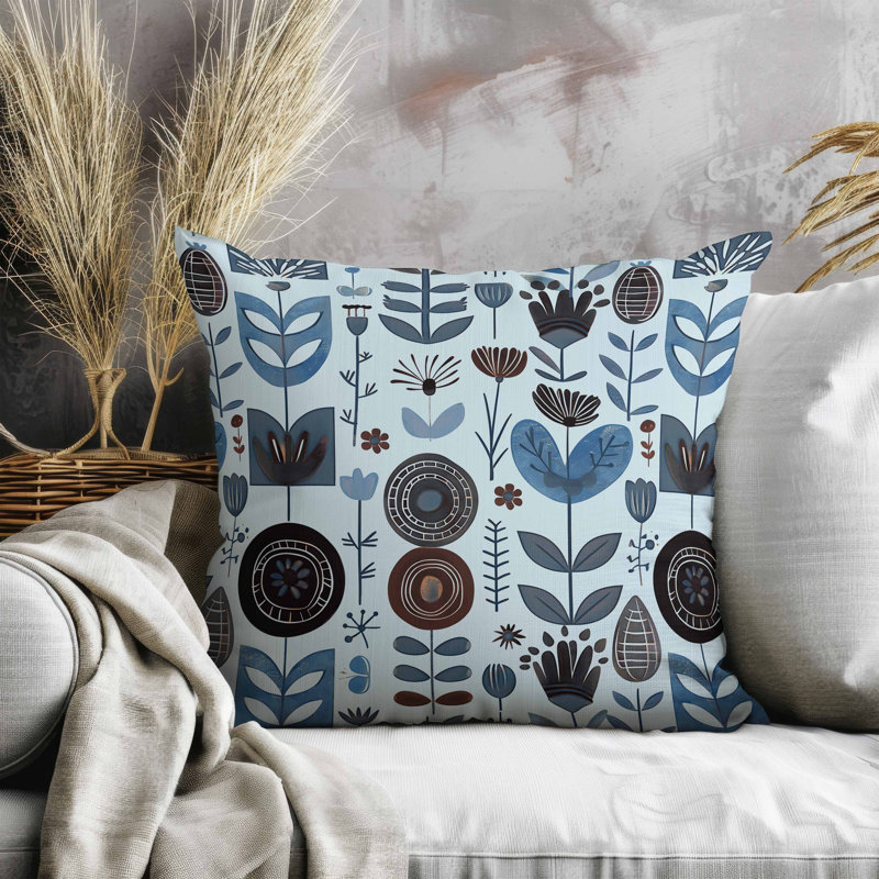 Coussin en suède Baltic Blossoms, Bleu/brun, Carré 20 po