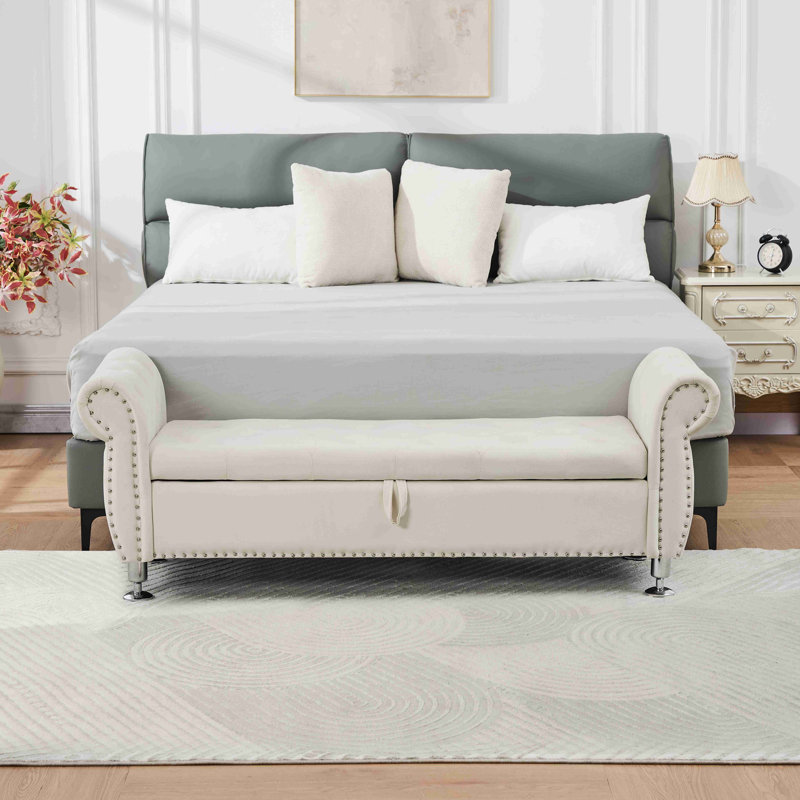Banc de rangement en velours doux avec boutons en cristal et 1 coussin, Beige