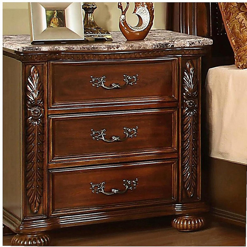 Formal Traditional Bedroom 3 Drawer Nightstand with Faux Marble Top, Solid Wood Bedside Table Hand Carved Storage Nightstand, Cherry