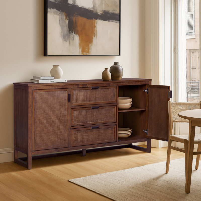 Armoire de rangement moderne en bois massif avec 3 tiroirs en rotin et 2 portes Ameer, Noyer