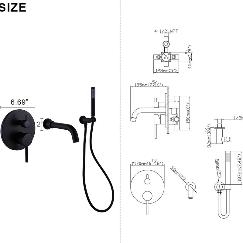 Robinet mural noir mat avec 2 poignées - matériau en laiton, - valve équilibrée, résistance à la rouille, douche à main, GPM, nickel, avec pinces de fixation et vis 2 baignoire en laiton massif,